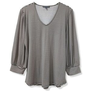 ✨️4/$20 Black Cream V-Neck Striped Top, Bishop Sleeves, Stretchy, Size M